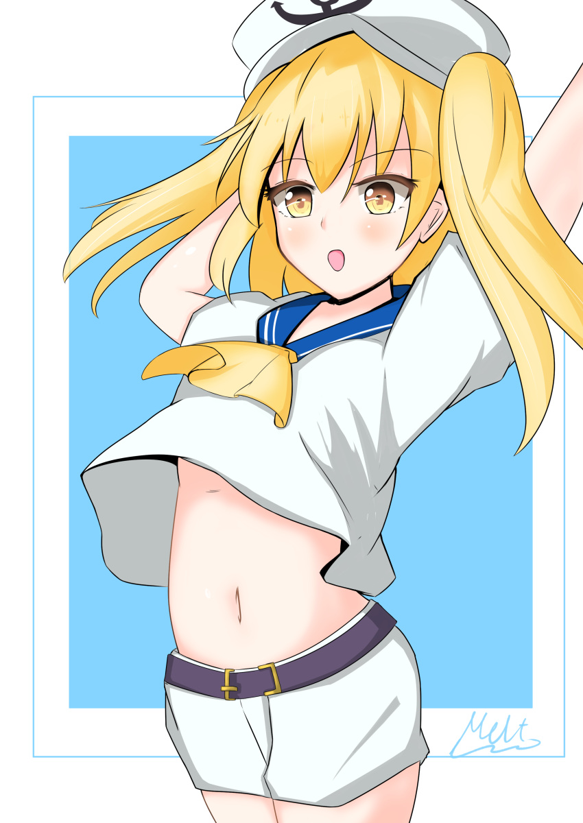1girl, absurdres, anchor_symbol, arms_up, artist_request, belt, blonde_hair, blue_sailor_collar, hat, highres, kitashirakawa_chiyuri, midriff, navel, ooarai_naval_school_uniform, open_mouth, sailor, sailor_collar, sailor_hat, school_uniform, shirt, short_sleeves, shorts, stomach, touhou, touhou_(pc-98), uniform, white_shirt, white_shorts, yellow_eyes, yellow_neckwear