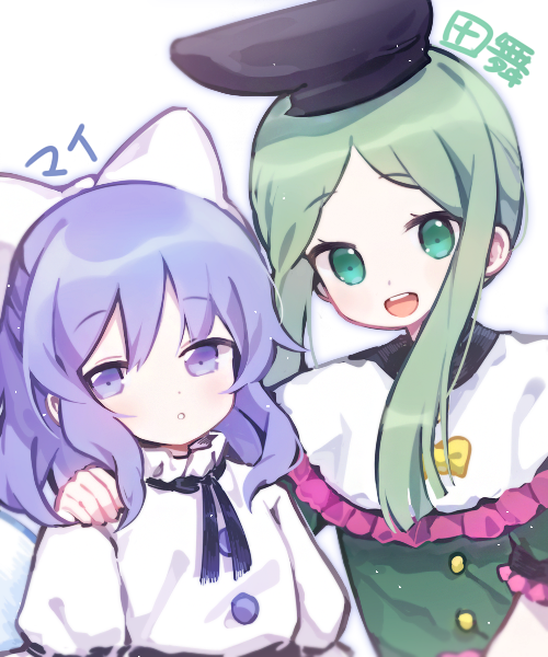 2girls, black_headwear, blue_eyes, blue_hair, bow, capelet, dress, eyebrows_visible_through_hair