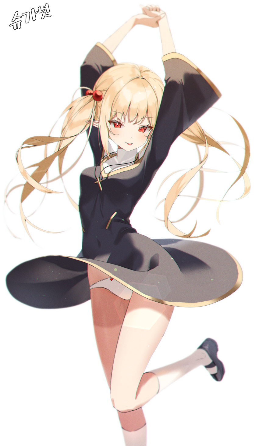 1girl, absurdres, arms_up, blonde_hair, breasts, commission, covered_navel, cross
