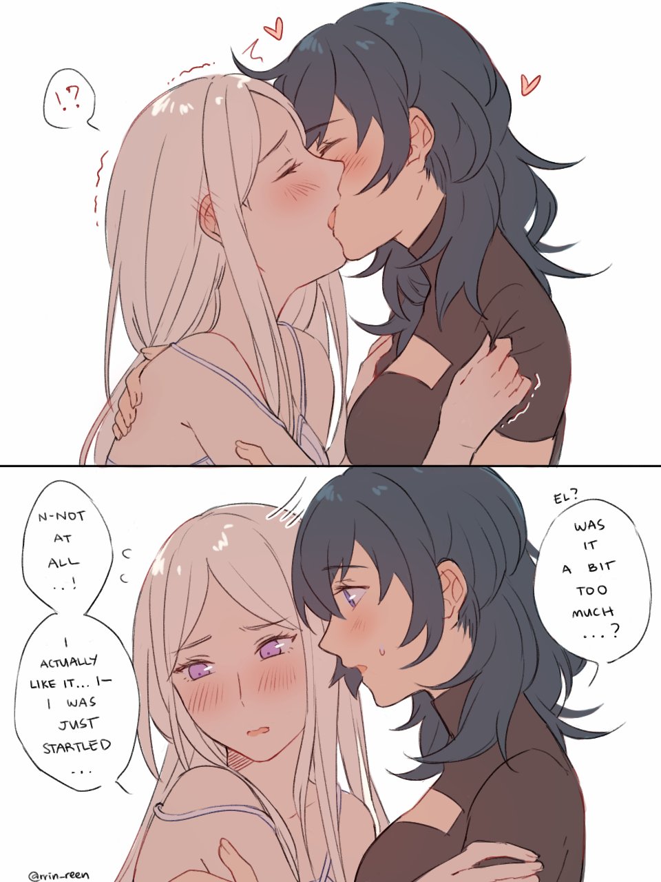 !?, 2girls, blue_eyes, blue_hair, blush, byleth_(fire_emblem), byleth_eisner_(female), closed_eyes