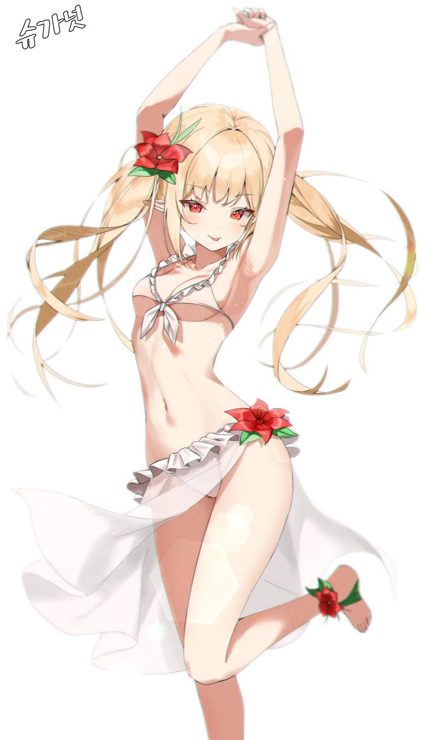 1girl, absurdres, armpits, bikini, blonde_hair, breasts, commission, eyebrows_visible_through_hair