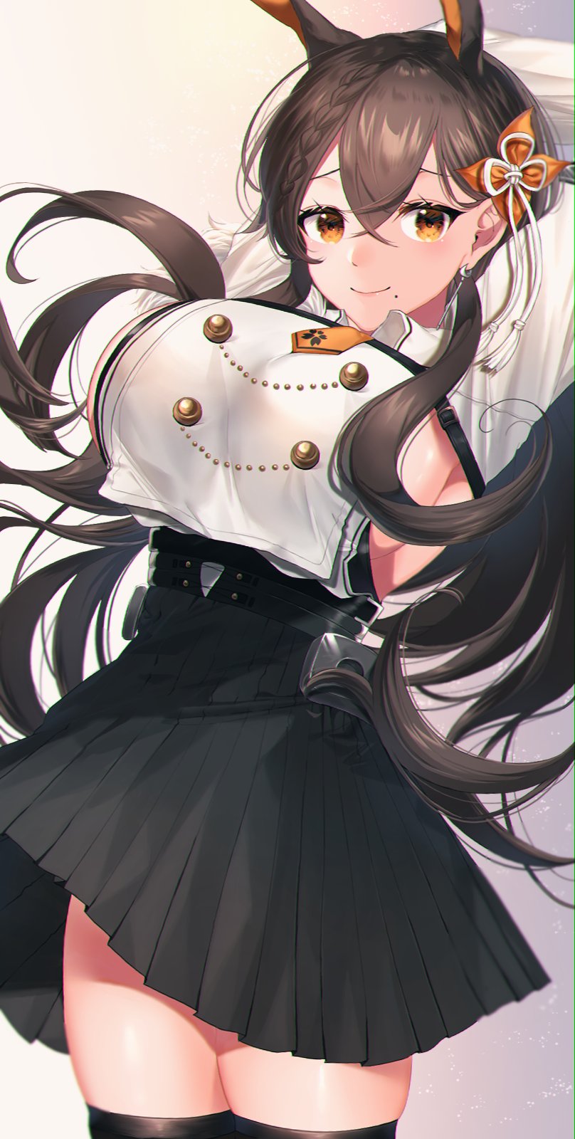1girl, animal_ears, arms_up, asymmetrical_hair, azur_lane, bangs, belt, black_belt, black_legwear, black_skirt, blush, braid, breast_curtain, breasts, brown_hair, chikuma_(azur_lane), closed_mouth, commentary, cowboy_shot, crossed_bangs, earrings, eyelashes, floating_hair, flower, flower_knot, french_braid, furrowed_brow, hair_between_eyes, hair_flower, hair_ornament, highres, jewelry, kayoubi_(tuesday_91), large_breasts, lips, long_hair, looking_at_viewer, miniskirt, mole, mole_under_mouth, nervous_smile, orange_eyes, pleated_skirt, rabbit_ears, shirt, shirt_tucked_in, sideboob, sidelocks, single_braid, skirt, smile, solo, standing, thigh-highs, white_shirt, zettai_ryouiki