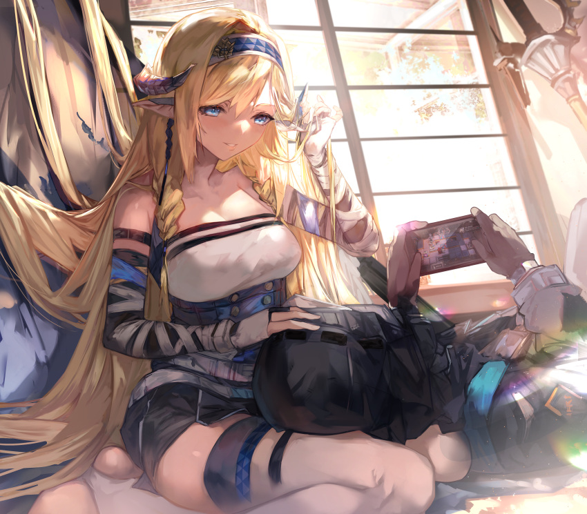 1girl, 1other, absurdres, arknights, ash_(rainbow_six_siege), ash_(ranger)_(rainbow_six_siege), bangs, bare_shoulders