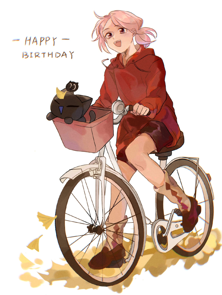 1boy, 1girl, bicycle, black_shorts, brown_footwear, drawstring, ginkgo_leaf, ground_vehicle