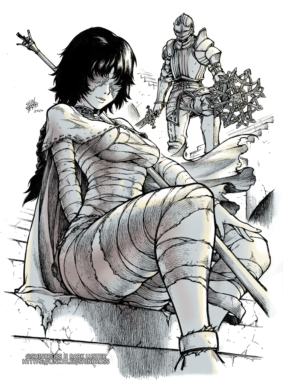 1boy, 1girl, armor, bandages, black_hair, candle_wax, covered_eyes, demon's_souls, highres, maiden_in_black, monochrome, shield, shinbross, short_hair, shoulder_armor, shoulder_pads, slayer_of_demons, staff, sword, weapon