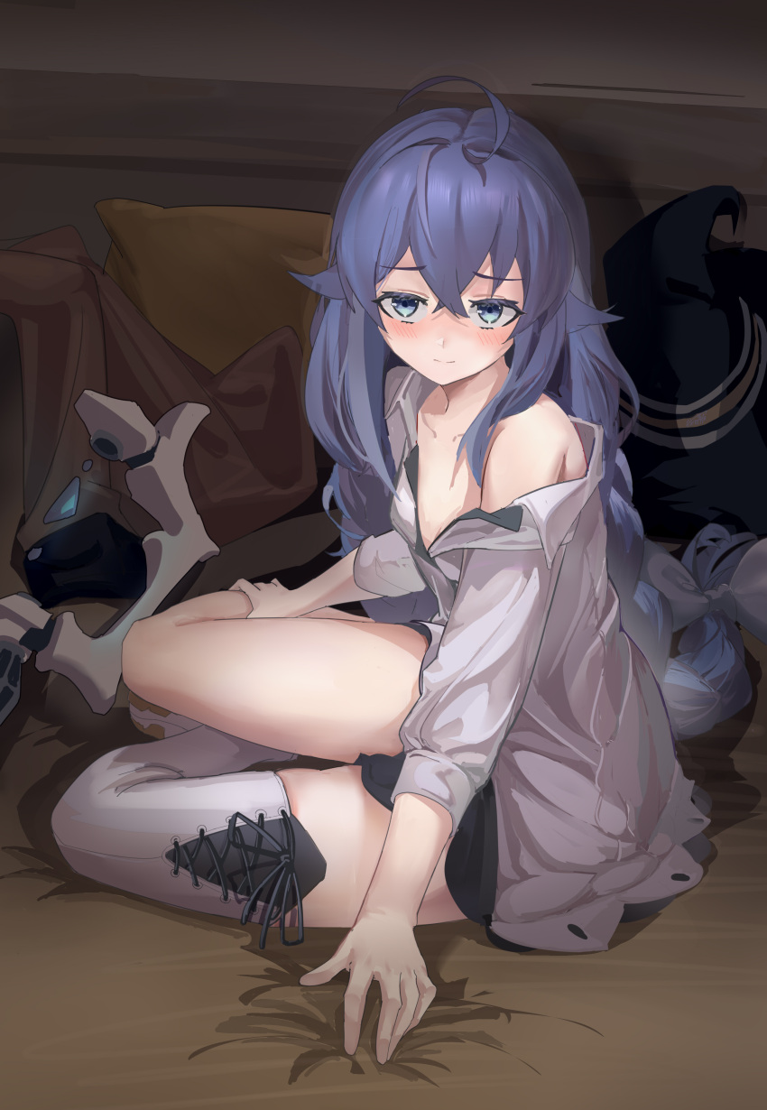 1girl, absurdres, ahoge, akimurasaki, bangs, black_headwear, black_skirt, blue_eyes