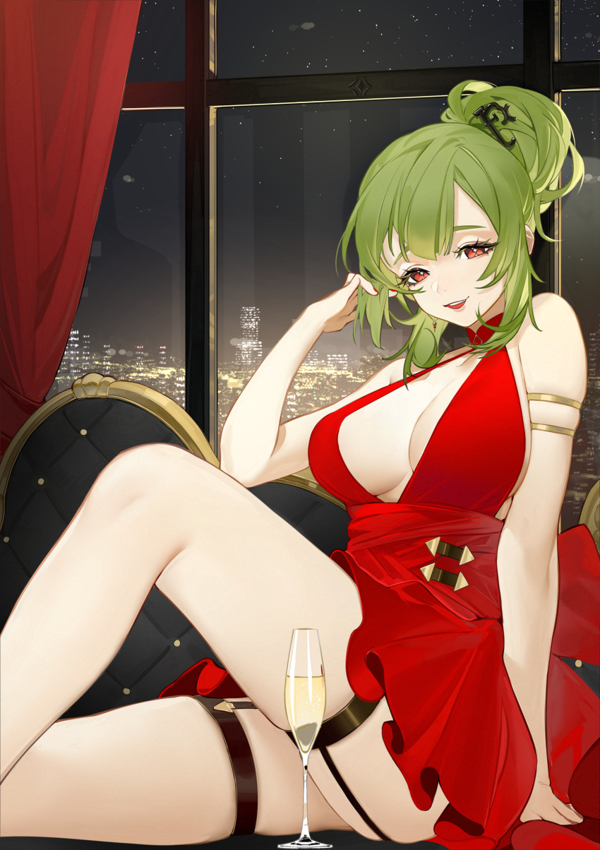 1girl, absurdres, bare_legs, breasts, city_lights, couch, cup, dress