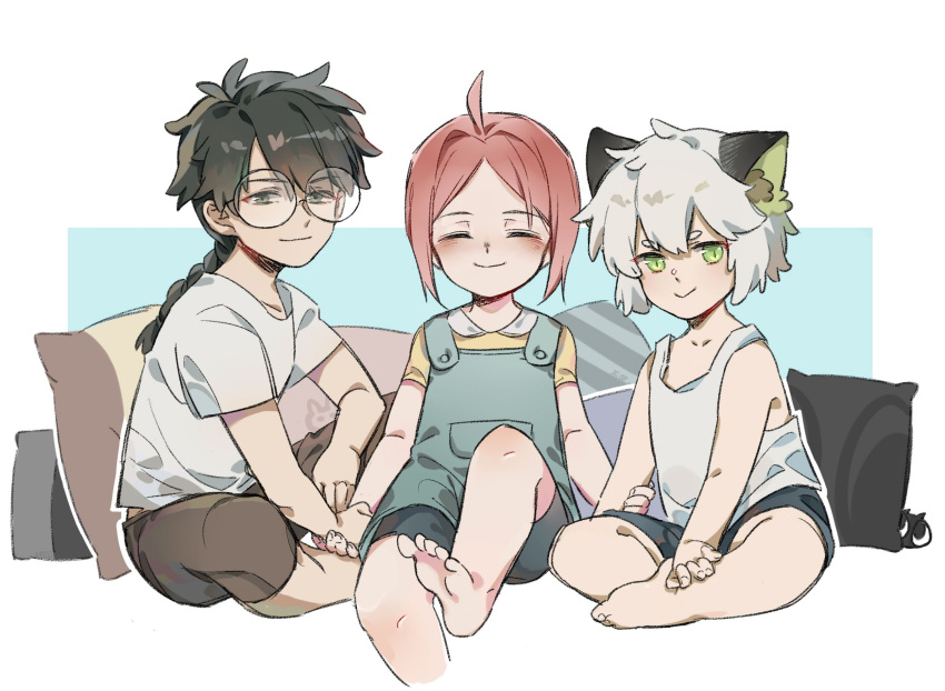1girl, 2boys, a'gen_(the_legend_of_luoxiaohei), animal_ears, barefoot, black_hair, black_shorts, blush