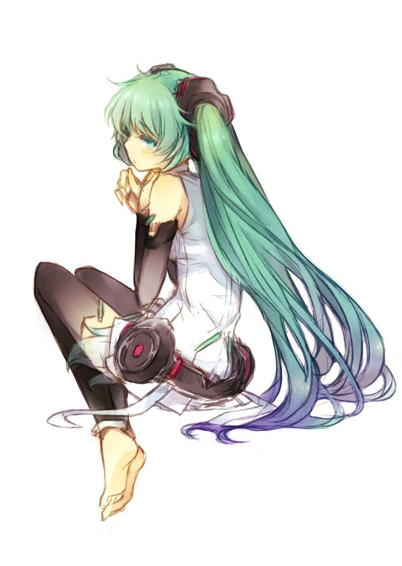 aqua_eyes, aqua_hair, barefoot, belt, elbow_gloves, feet, fingerless_gloves, gloves