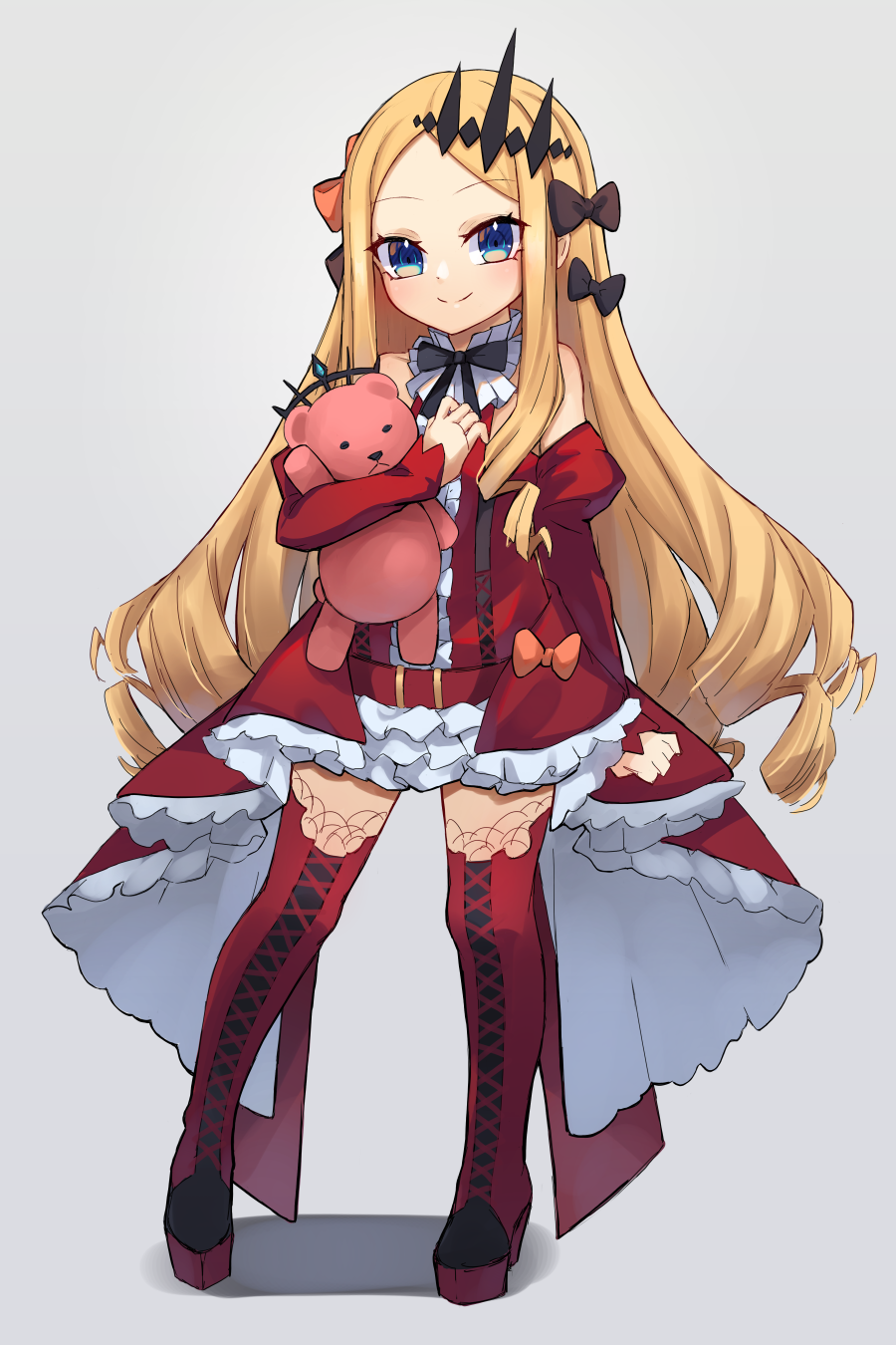 1girl, abigail_williams_(fate), bangs, bare_shoulders, blonde_hair, blue_eyes, blush, boots, breasts, center_frills, cosplay, detached_collar, detached_sleeves, dress, fairy_knight_tristan_(fate), fairy_knight_tristan_(fate)_(cosplay), fate/grand_order, fate_(series), forehead, frills, full_body, highres, long_hair, looking_at_viewer, miya_(miyaruta), parted_bangs, red_dress, red_footwear, small_breasts, smile, stuffed_animal, stuffed_toy, teddy_bear, thigh-highs, thigh_boots, tiara