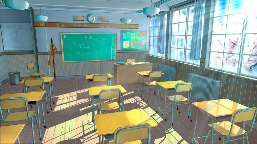 board, book, chair, chalkboard, cherry_blossoms, chinese_commentary, chinese_text, classroom, clock, clouds, commentary_request, curtains, day, desk, english_text, europe_map, heater, highres, lamp, map, no_humans, note, original, plant, scenery, school, shade, shadow, sky, sunlight, trash_can, tree, window, xingzhi_lv