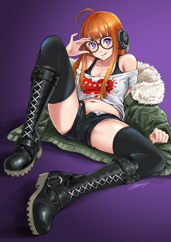 1girl, :p, adjusting_eyewear, ahoge, albyee, bangs, bare_shoulders, behind-the-head_headphones, black_footwear, black_legwear, black_shorts, black_tank_top, black_undershirt, blunt_bangs, boots, coat, commission, cross-laced_footwear, english_commentary, eyebrows_visible_through_hair, fur-trimmed_coat, fur_trim, glasses, green_coat, headphones, hood, hood_down, hooded_coat, knee_up, lace-up_boots, long_hair, long_sleeves, looking_at_viewer, midriff, navel, off-shoulder_shirt, off_shoulder, open_fly, orange_hair, persona, persona_5, purple_background, reclining, sakura_futaba, shirt, short_shorts, shorts, smile, solo, t-shirt, tank_top, thigh-highs, tongue, tongue_out, violet_eyes, white_shirt