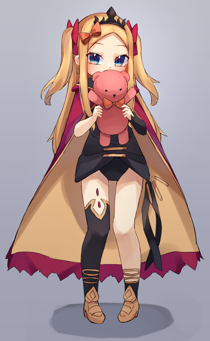 1girl, abigail_williams_(fate), bangs, black_dress, black_legwear, blonde_hair, blue_eyes, blush, breasts, cape, cosplay, dress, earrings, ereshkigal_(fate), ereshkigal_(fate)_(cosplay), fate/grand_order, fate_(series), forehead, full_body, gold_trim, hair_ribbon, highres, hood, hooded_cape, hoop_earrings, jewelry, long_hair, looking_at_viewer, miya_(miyaruta), parted_bangs, red_cape, ribbon, single_sleeve, single_thighhigh, small_breasts, stuffed_animal, stuffed_toy, teddy_bear, thigh-highs, tiara, two_side_up