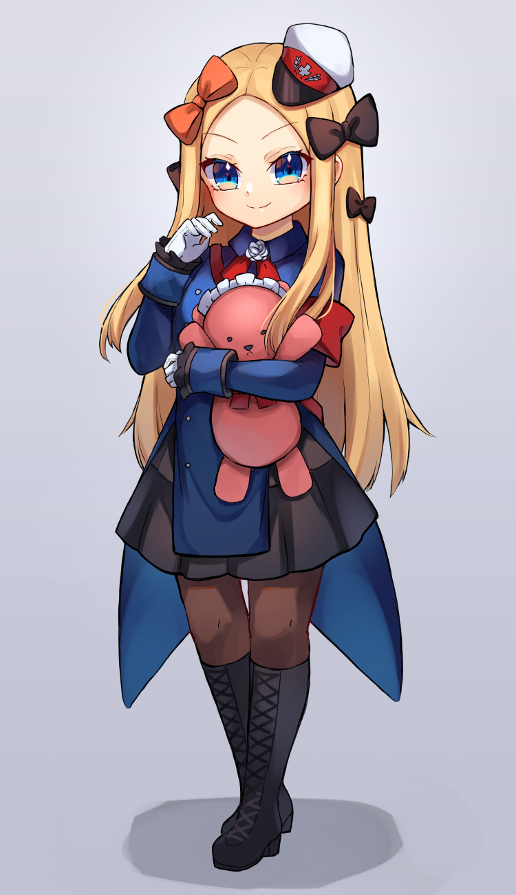 1girl, abigail_williams_(fate), bangs, black_footwear, black_skirt, blonde_hair, blue_eyes, blue_jacket