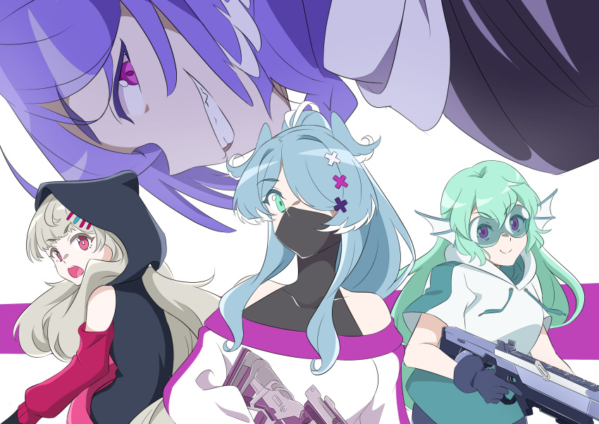 4girls, absurdres, apex_legends, bangs, black_hoodie, blue_gloves, bright_pupils, collarbone