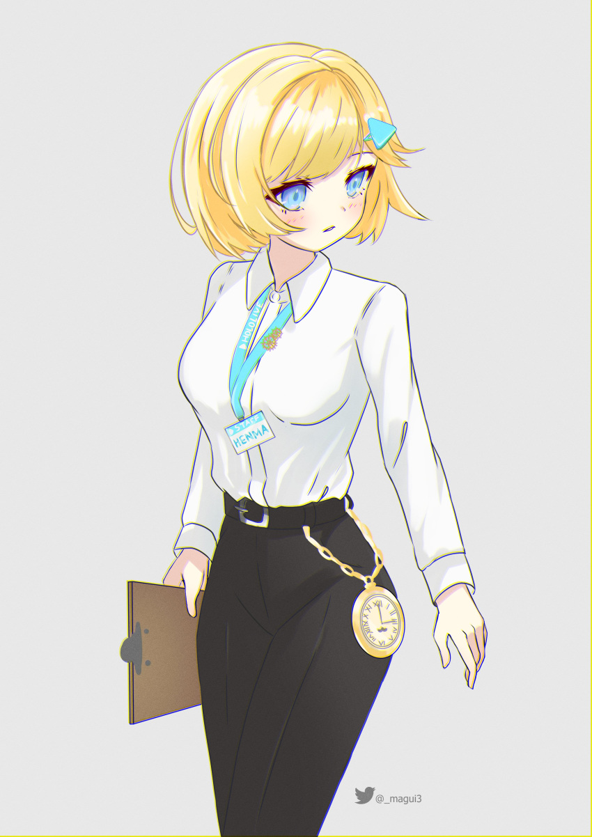 1girl, absurdres, alternate_universe, belt, blonde_hair, blue_eyes, clipboard, collared_shirt, hair_ornament, hairclip, henma, high-waist_skirt, highres, hololive, hololive_english, id_card, lanyard, magui3, office_lady, pants, pocket_watch, shirt, shirt_tucked_in, simple_background, skirt, solo, virtual_youtuber, watch, watson_amelia