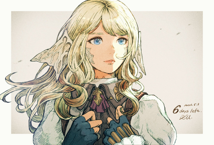 1girl, ascot, au_ra, bangs, black_ascot, blonde_hair, blue_eyes, blue_gloves