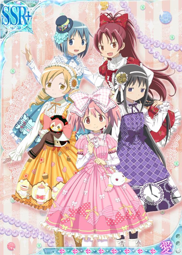 5girls, adjusting_hair, akemi_homura, alternate_costume, argyle, argyle_dress, back_bow, bag