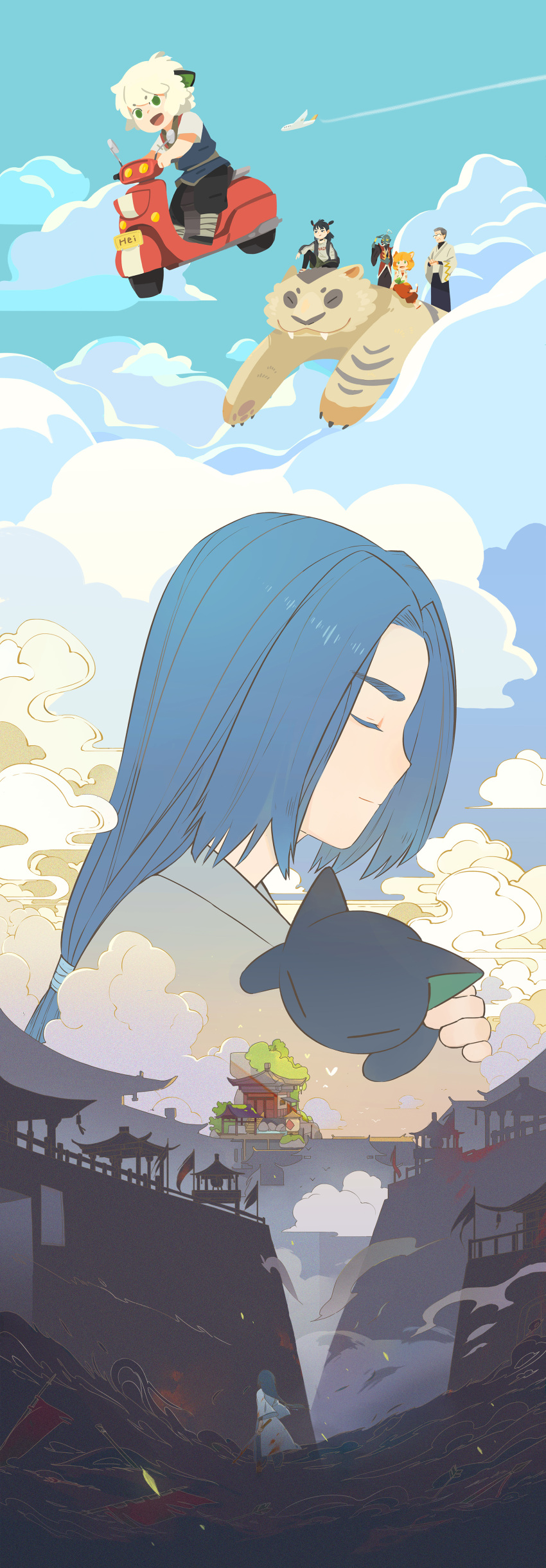 absurdres, aircraft, airplane, animal_ears, arrow_(projectile), beard, black_cat, black_hair