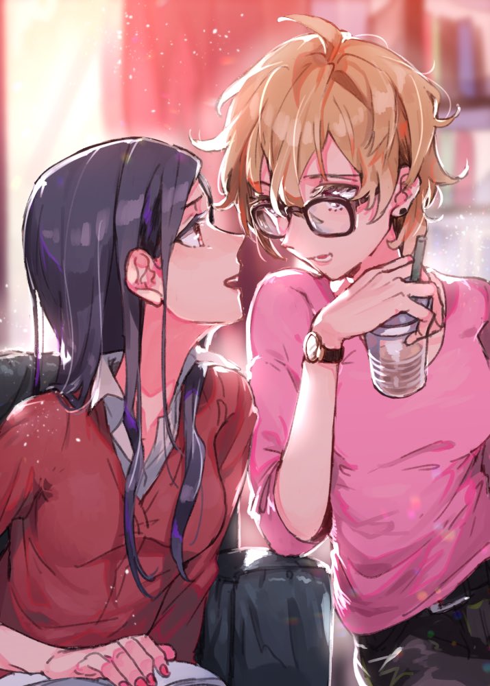 2girls, alternate_hairstyle, bespectacled, black_hair, blonde_hair, cup, disposable_cup, drinking_straw, eye_contact, glasses, higashi_setsuna, indoors, light_particles, long_hair, looking_at_another, momozono_love, multiple_girls, nail_polish, older, precure, short_hair, smile, tkai40, upper_body, watch, watch, yuri