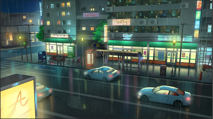 air_conditioner, bicycle, building, bus_stop, cable, car, chinese_commentary, chinese_text