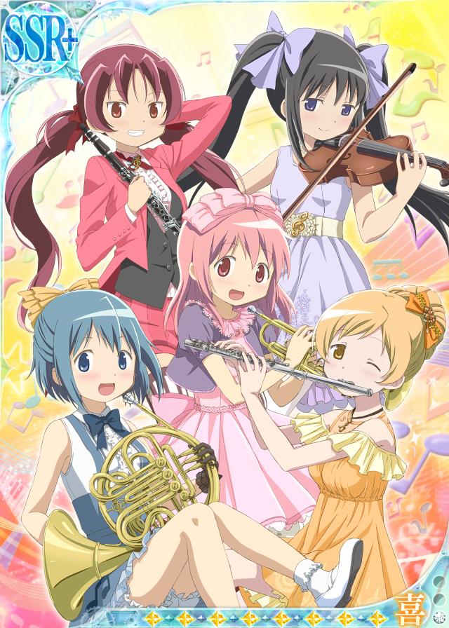 5girls, akemi_homura, alternate_costume, alternate_hairstyle, arm_behind_head, back_bow, bare_arms, bare_legs, belt, black_gloves, black_hair, black_vest, blazer, blonde_hair, bloomers, blue_eyes, blue_hair, blue_ribbon, bobby_socks, bow, bow_(instrument), braid, braided_bun, buttons, card_(medium), center_frills, clarinet, collared_dress, dress, flute, french_horn, frills, gloves, gradient, gradient_background, grin, hair_bun, hair_down, hair_ribbon, holding, holding_instrument, instrument, instrument_request, jacket, jewelry, kaname_madoka, knees_together_feet_apart, looking_at_viewer, low_twintails, mahou_shoujo_madoka_magica, mary_janes, medium_hair, miki_sayaka, multicolored_background, multiple_girls, music, musical_note, musical_note_background, musical_note_print, neck_ribbon, necklace, off-shoulder_dress, off_shoulder, official_art, one_eye_closed, orange_background, orange_dress, orange_ribbon, pink_background, pink_bow, pink_dress, pink_eyes, pink_hair, pink_ribbon, playing_instrument, puffy_short_sleeves, puffy_shorts, puffy_sleeves, purple_dress, purple_ribbon, red_eyes, red_jacket, red_legwear, red_ribbon, redhead, ribbon, sakura_kyouko, shoes, short_hair, short_sleeves, shorts, sleeveless, sleeveless_dress, smile, socks, sparkle, sparkle_background, staff_(music), star_(symbol), starry_background, striped, striped_legwear, striped_shorts, thigh-highs, tomoe_mami, trading_card, trumpet, twintails, underwear, vertical-striped_legwear, vertical_stripes, vest, violet_eyes, violin, white_bloomers, white_footwear, white_legwear, yellow_background, yellow_belt, yellow_eyes, zettai_ryouiki