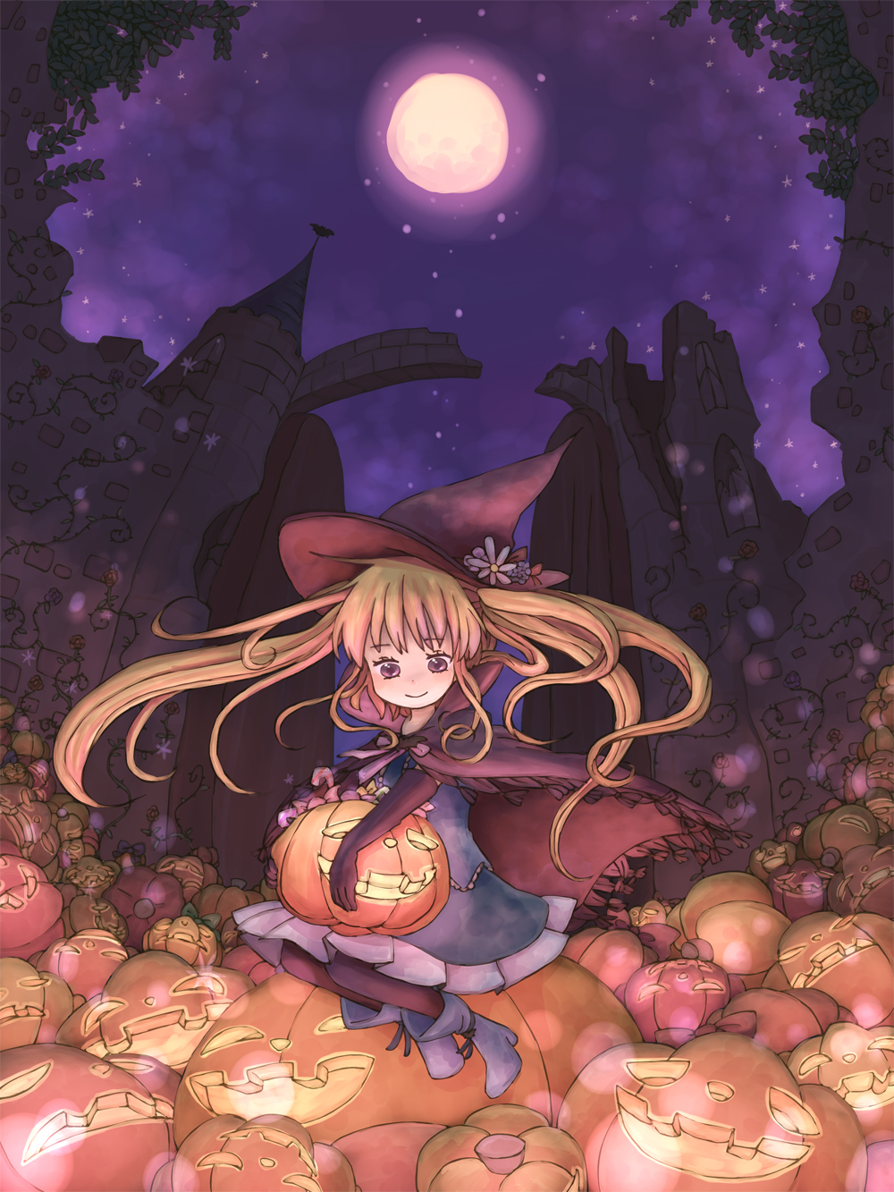 boots, cape, elbow_gloves, gloves, halloween, hat, highres, jack-o'-lantern
