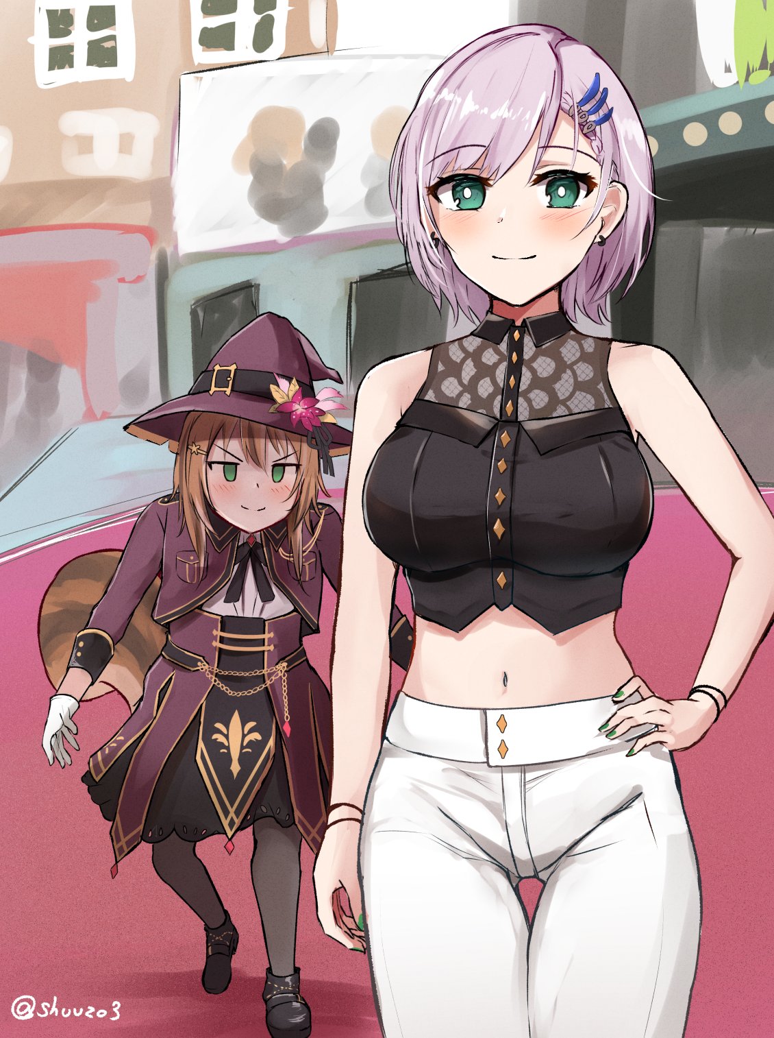 2girls, ayunda_risu, bare_shoulders, black_shirt, black_skirt, breasts, brown_headwear, brown_jacket