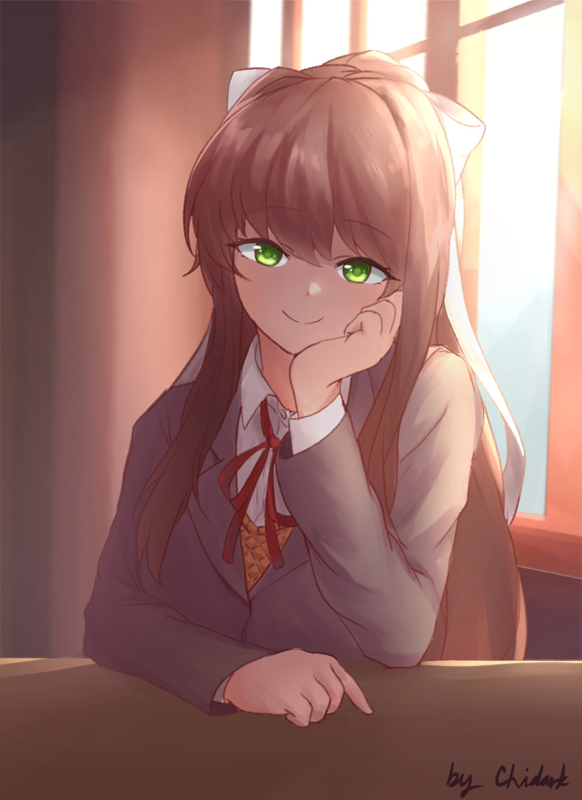 1girl, bangs, blazer, bow, brown_hair, bsm_(nerdmin), doki_doki_literature_club, green_eyes, hair_bow, hand_on_own_face, highres, jacket, long_hair, monika_(doki_doki_literature_club), ponytail, ribbon, school_uniform, smile, solo, upper_body, white_bow