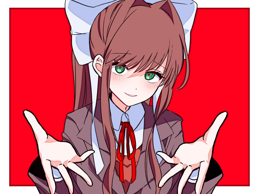 1girl, bangs, blazer, blush, bow, brown_hair, doki_doki_literature_club, green_eyes