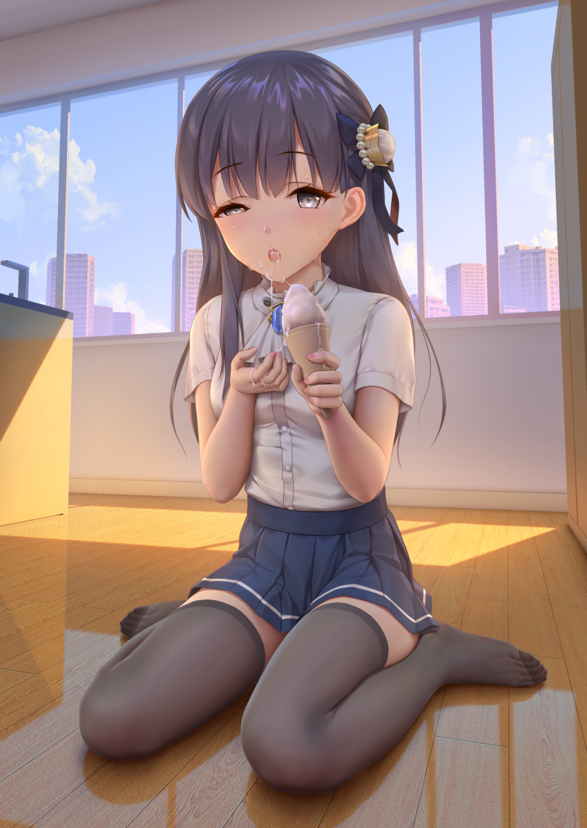1girl, absurdres, bangs, black_hair, black_legwear, blue_skirt, building, character_request, day, eyebrows_visible_through_hair, feet, full_body, highres, himitsu_(hi_mi_tsu_2), ice_cream_cone, indoors, kaguyano, miniskirt, shirt, short_sleeves, sitting, skirt, solo, thigh-highs, wariza, white_shirt