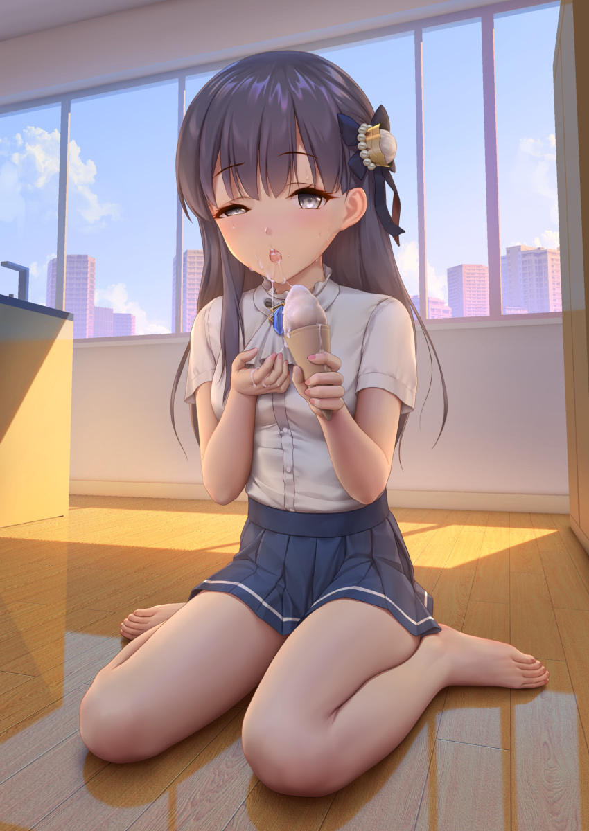 1girl, absurdres, bangs, bare_legs, barefoot, black_hair, blue_skirt, building, character_request, day, eyebrows_visible_through_hair, feet, full_body, highres, himitsu_(hi_mi_tsu_2), ice_cream_cone, indoors, kaguyano, miniskirt, shirt, short_sleeves, sitting, skirt, solo, wariza, white_shirt