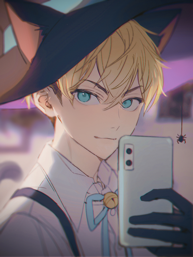 1boy, animal_ears, bell, black_hair, black_headwear, blonde_hair, blue_eyes, blue_ribbon