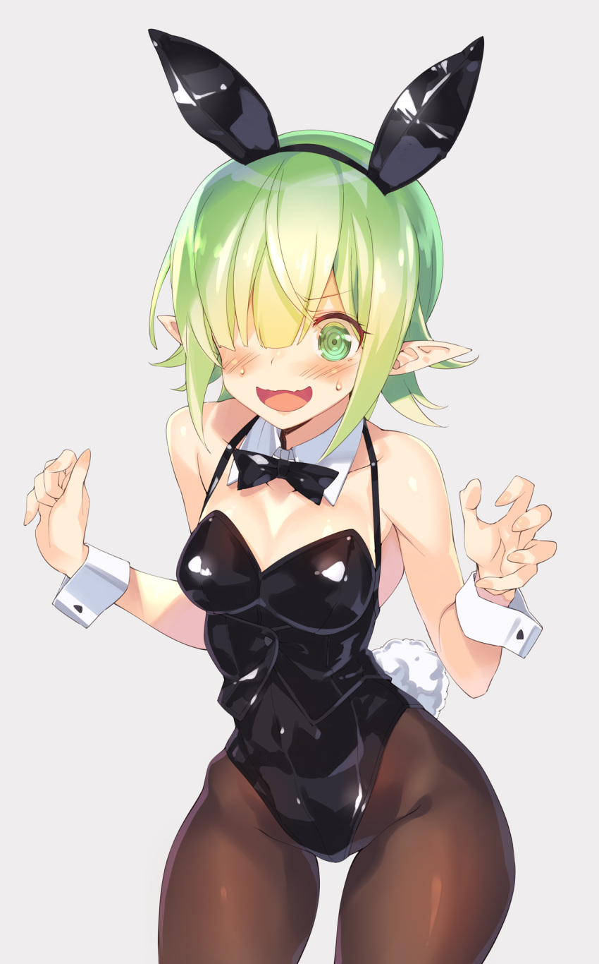 1girl, @_@, alternate_costume, animal_ears, aoi_(princess_connect!), bangs, black_bow, black_leotard