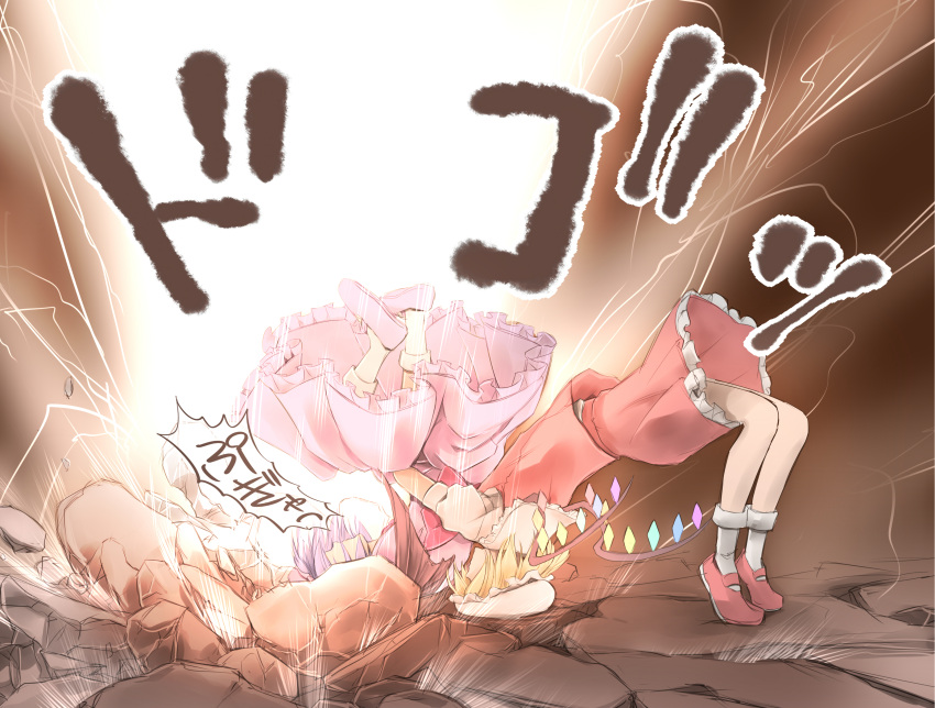 absurdres, bat_wings, blonde_hair, explosion, flandre_scarlet, german_suplex, hat, highres