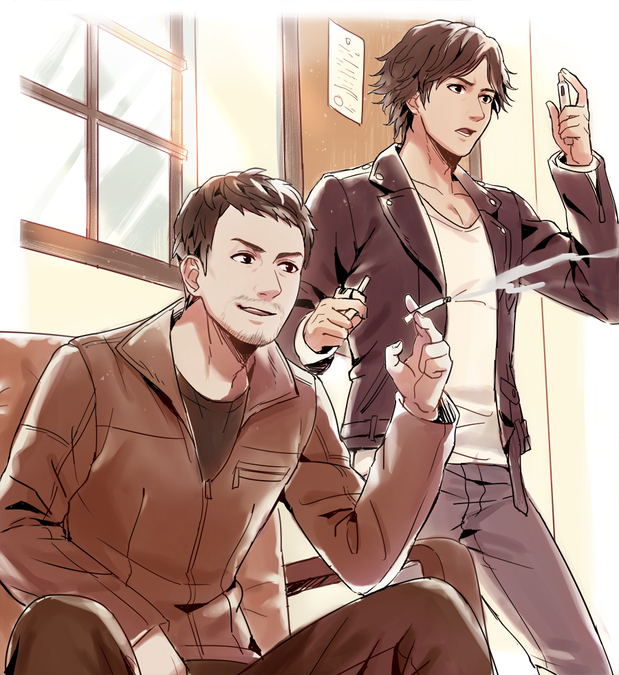 2boys, black_eyes, black_hair, black_jacket, black_pants, black_shirt, brown_jacket, cigarette