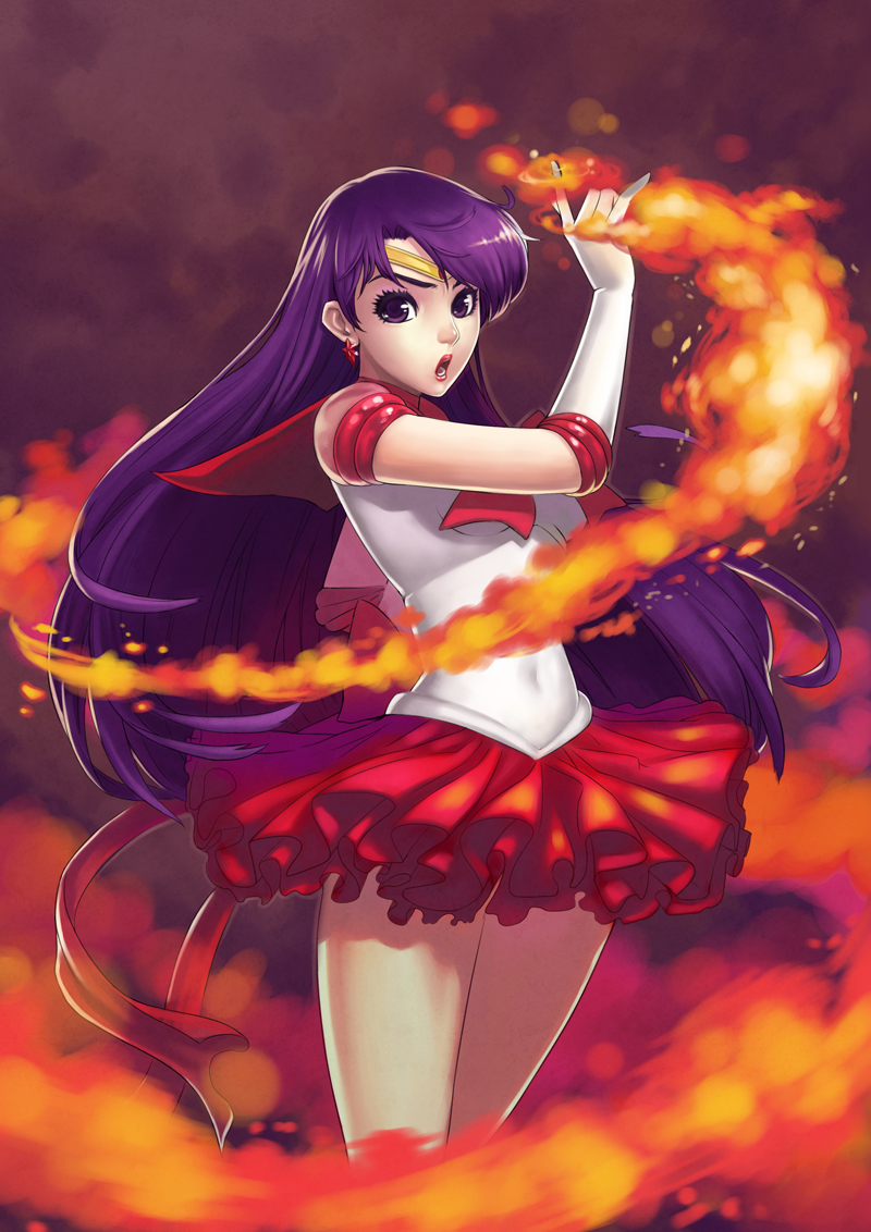 bishoujo_senshi_sailor_moon, black_hair, earrings, elbow_gloves, fire, gloves, hino_rei, jewelry