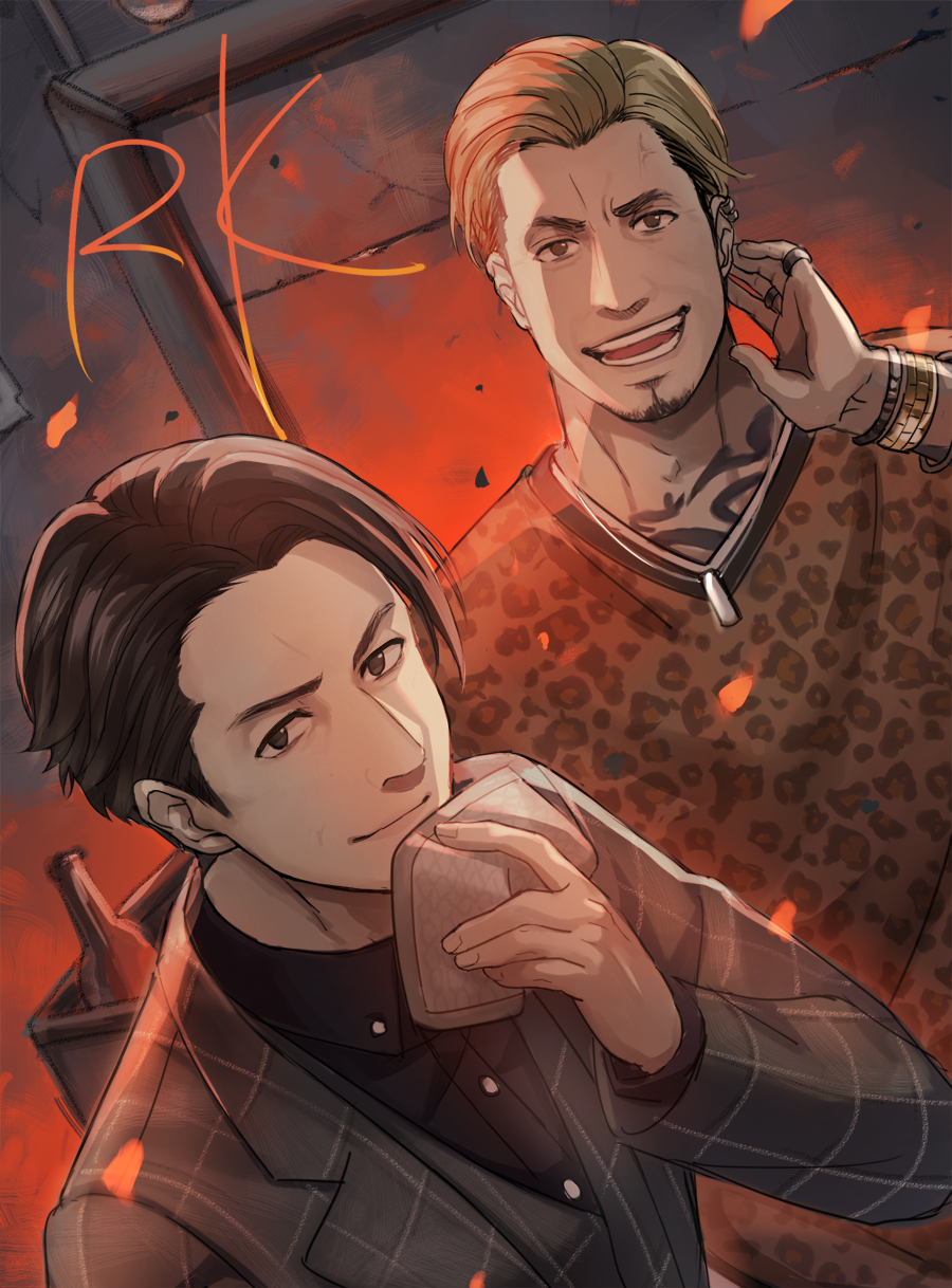 2boys, akutsu_daimu, black_eyes, black_hair, black_jacket, black_shirt, black_suit, blonde_hair, bottle, bracelet, brown_shirt, closed_mouth, collared_shirt, dress_shirt, earrings, facial_hair, goatee, hand_up, handkerchief, highres, holding, indoors, jacket, jewelry, judge_eyes, long_sleeves, looking_at_viewer, lost_judgment, male_focus, multiple_boys, nashigawa, neck_tattoo, open_mouth, ring, shirt, short_hair, smile, souma_kazuki, tattoo, undercut, upper_body, watch, watch