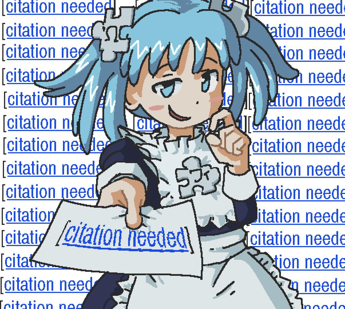 1girl, apron, background_text, blue_eyes, blue_hair, blush_stickers, looking_at_viewer, maid