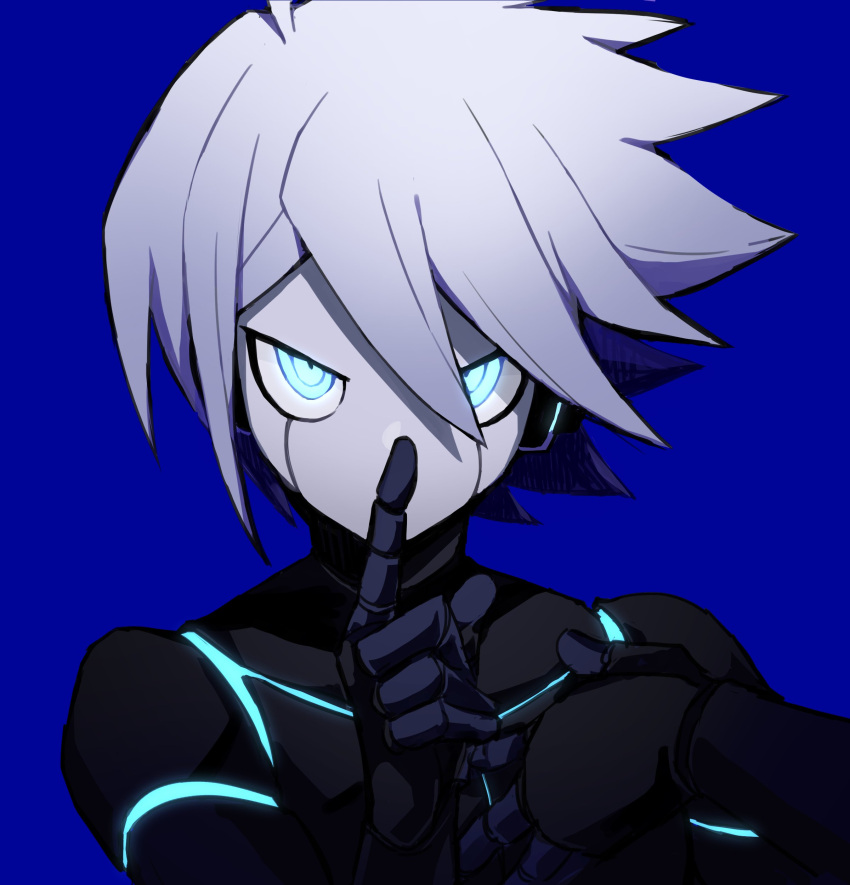 1boy, a_tama_(pakpak_tkg), absurdres, android, bangs, blue_background, covering_mouth, danganronpa_(series)