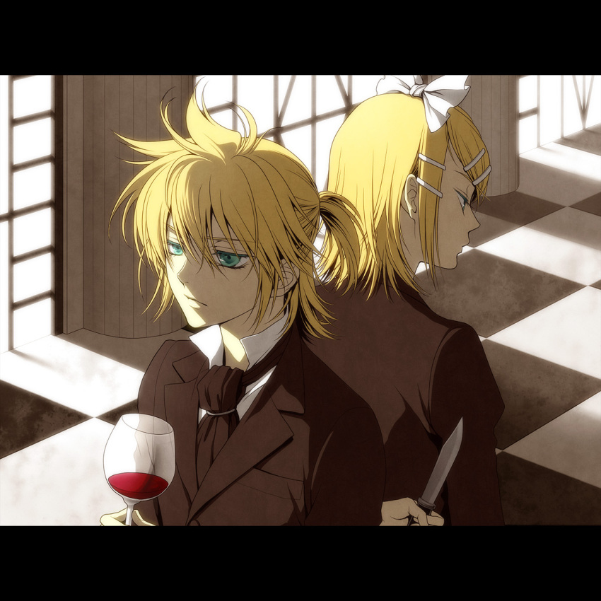 blue_eyes, checkered, cup, hair_ornament, hair_ribbon, hairclip, highres, kagamine_len
