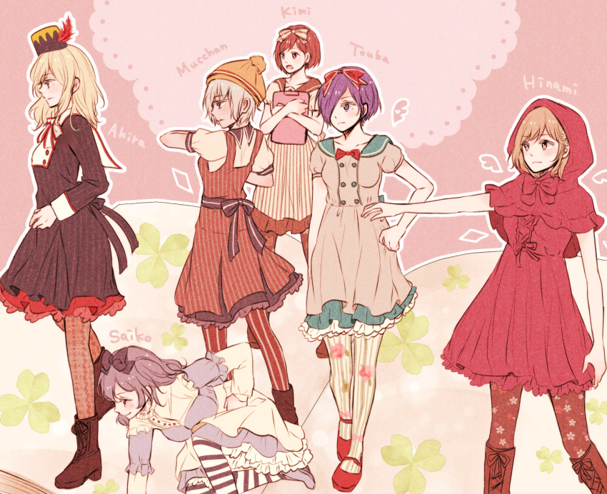 6+girls, alternate_costume, ankle_boots, bangs, black_bow, black_dress, blonde_hair, boots