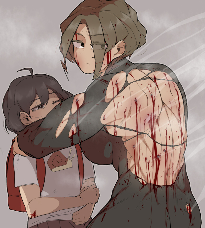 2girls, ahoge, bag, bangs, blood, blood_on_back, blood_on_face, bodysuit