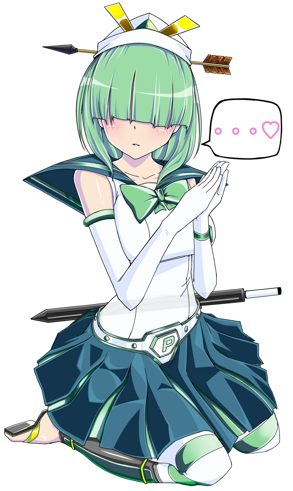..., 1girl, arrow_through_heart, blue_sailor_collar, blue_skirt, blush, bow, bowtie