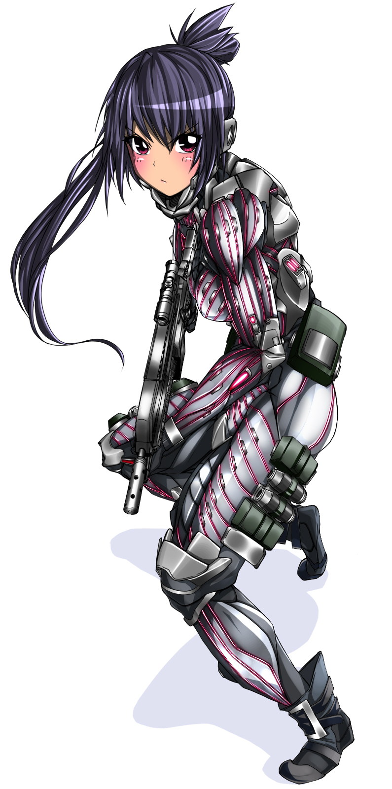 1girl, assault_rifle, black_hair, blush, bodysuit, closed_mouth, crysis, explosive