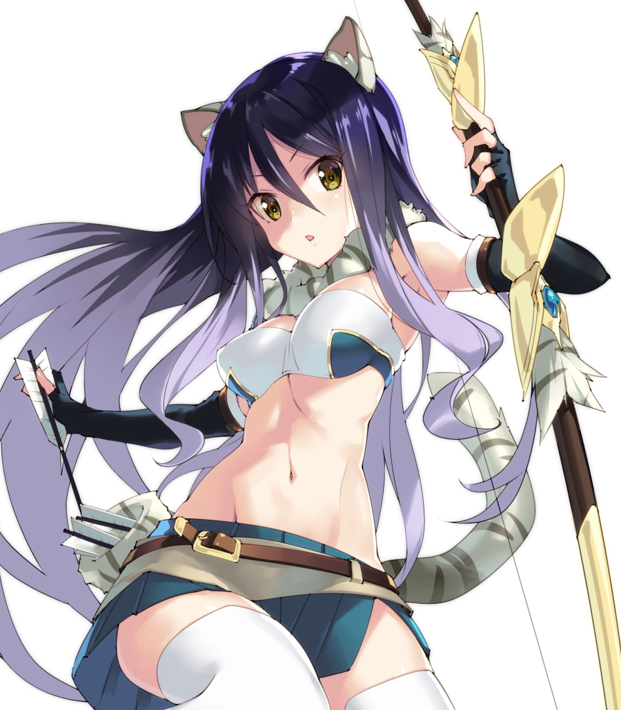 1girl, animal_ears, arrow_(projectile), bandeau, blue_hair, breasts, eyebrows_visible_through_hair, holding