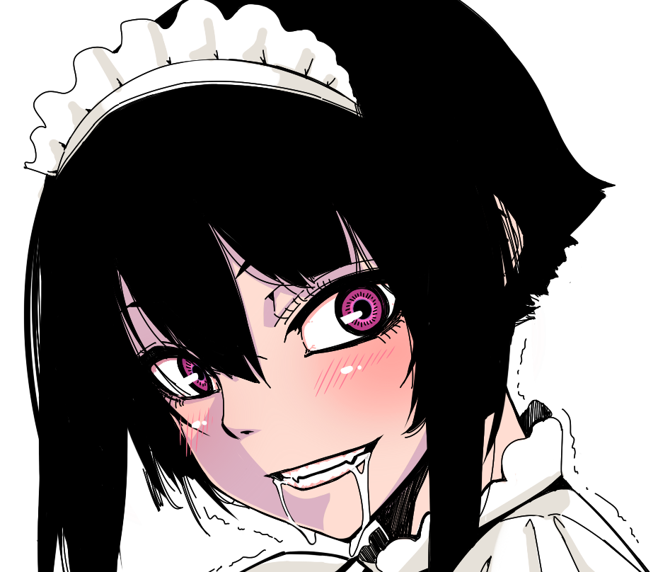 1girl, black_hair, blush, drooling, fang, looking_at_viewer, maid_headdress, miitoban
