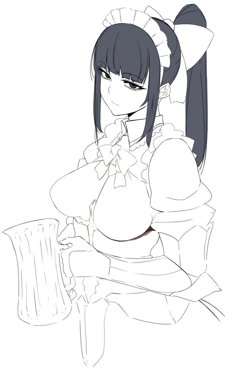 1girl, bags_under_eyes, black_eyes, black_hair, bow, bowtie, breasts, closed_mouth, dress, from_side, greyscale, highres, holding, juliet_sleeves, large_breasts, long_sleeves, looking_at_viewer, looking_to_the_side, maid, maid_headdress, miitoban, monochrome, narberal_gamma, overlord_(maruyama), ponytail, puffy_sleeves, simple_background, solo, white_background