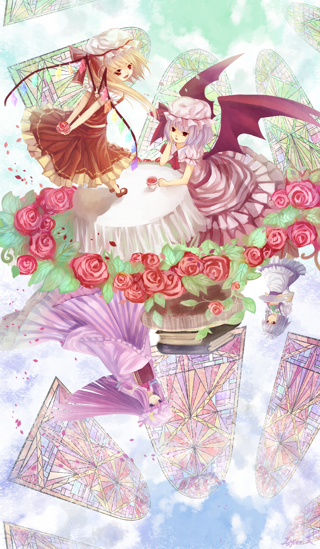 blonde_hair, braid, effier_kyo, flandre_scarlet, flower, hat, highres, izayoi_sakuya