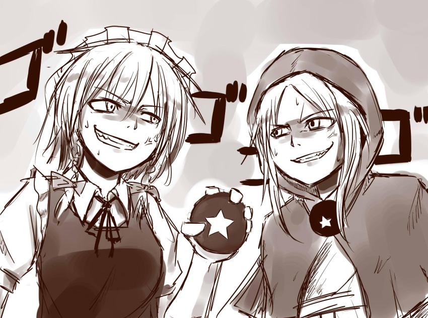 2girls, anger_vein, angry, baketsuya, bangs, black_neckwear, black_ribbon, bow